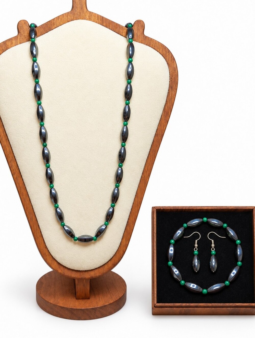Malachite and Hematite Beaded Necklace, Bracelet & Earring Set - Women Jewelry